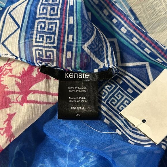 kensie Blue Pink Green White Sheer Square Patch Tropical Print Square Scarf Wrap - Picture 8 of 10